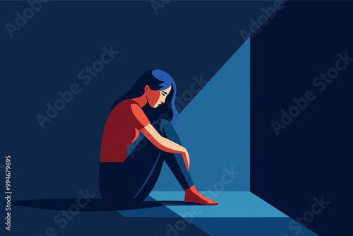 Woman in a deep depression sitting in the dark room. Mental health problems concept design