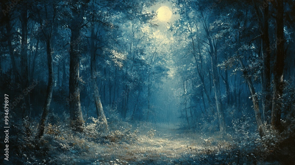 Enchanted Moonlit Forest Clearing with Silvery Light and Mystic Blue Tones Enchanted Moonlit Forest Clearing with Silvery Light and Mystic Blue Tones