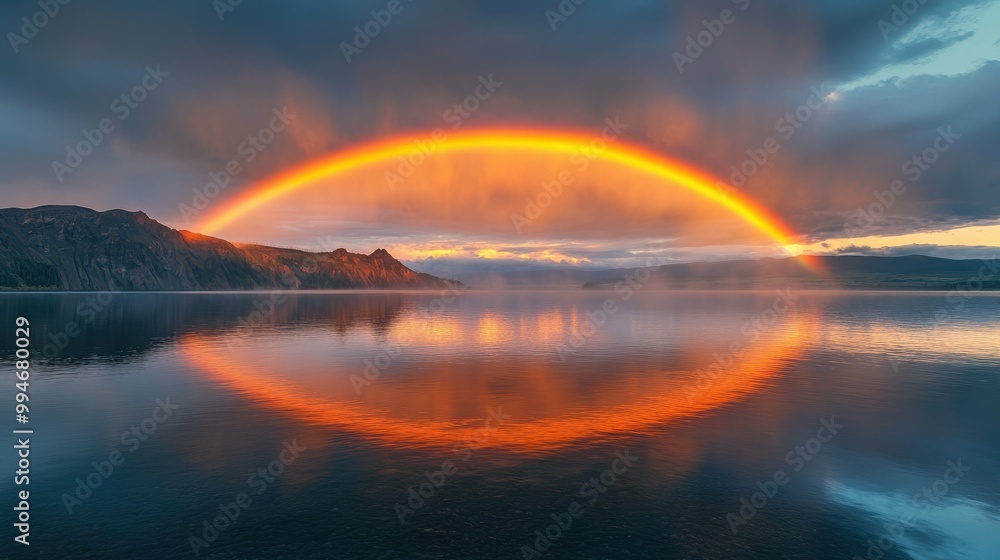 Rare fire rainbow (circumhorizontal arc) over a serene volcanic lake Rare fire rainbow (circumhorizontal arc) over a serene volcanic lake