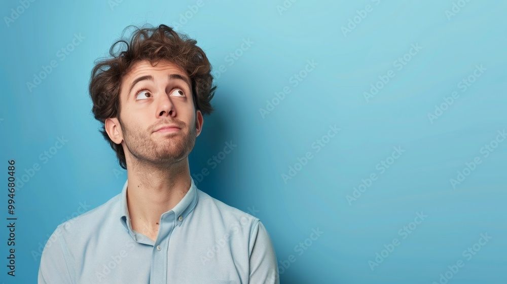 Fototapeta premium Thoughtful Young Man Looking Up Against Blue Background - Concept of Daydreaming and Ideas