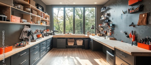 Uncluttered craft room with pegboard wall storage and a large work table photo