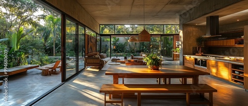 Wallpaper Mural Open plan dining area with a long wooden table and bench seating Torontodigital.ca