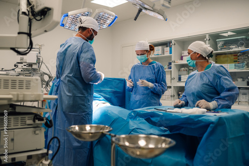 Surgeons and nurses in the operating room preparing for surgery. photo