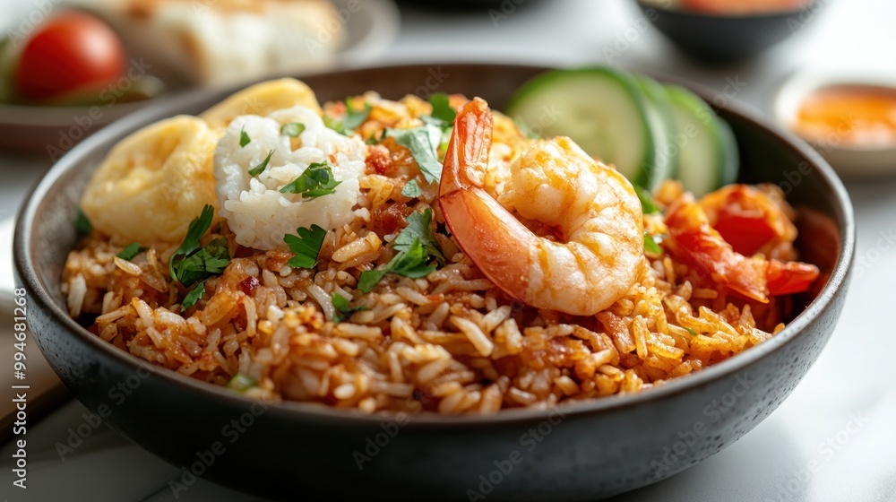 Close-up of a Bowl of Fried Rice with Shrimp, Egg, and Cilantro Close-up of a Bowl of Fried Rice with Shrimp, Egg, and Cilantro