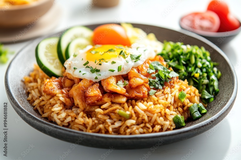 Fried Rice with Fried Egg, Cucumber, and Greens in a Black Bowl Fried Rice with Fried Egg, Cucumber, and Greens in a Black Bowl