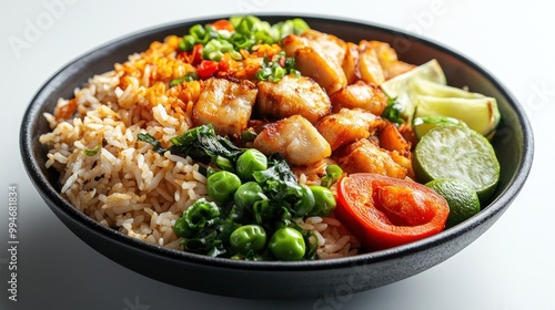 A Bowl of Fried Rice with Fried Chicken, Green Peas, and Lime Wedges