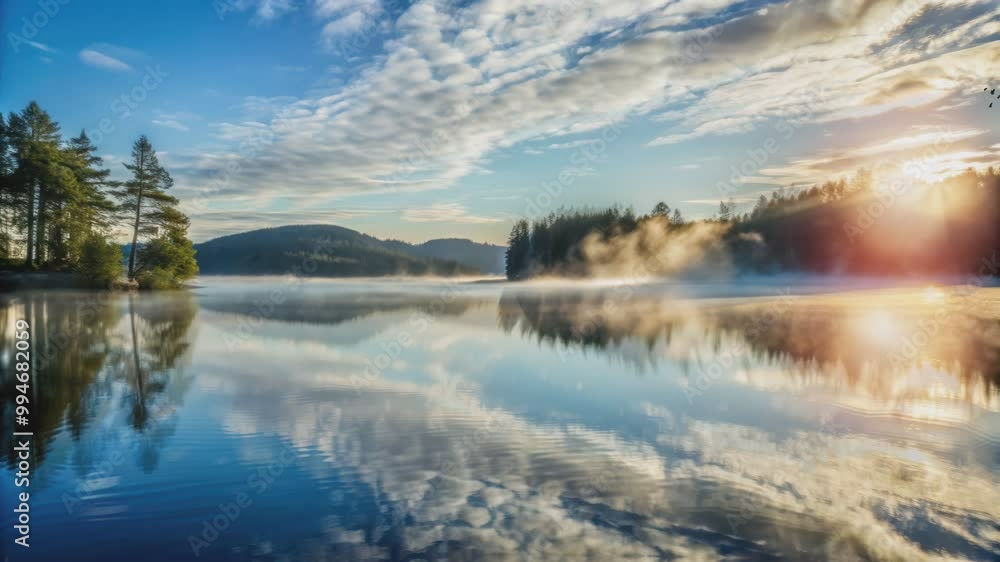 A picturesque scene of a foggy lake with pine trees at sunrise, showcasing the beautiful reflection of clouds and golden rays in the still water. A picturesque scene of a foggy lake with pine trees at sunrise, showcasing the beautiful reflection of clouds and golden rays in the still water.