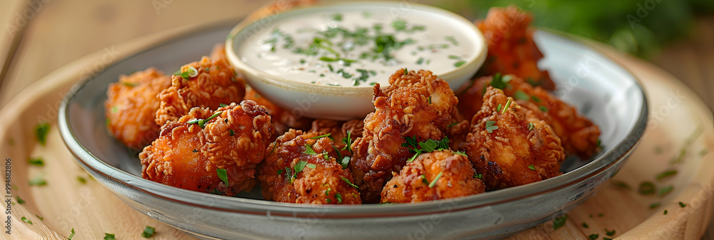Spicy chicken nuggets with a creamy dipping sauce, captured using an ultra HD camera with a ring light for even illumination Spicy chicken nuggets with a creamy dipping sauce, captured using an ultra HD camera with a ring light for even illumination