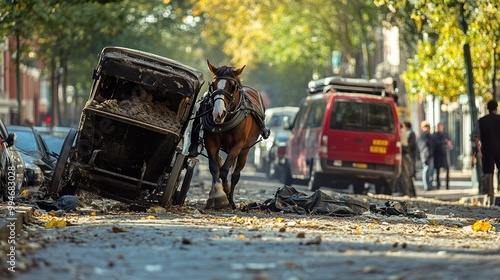 Runaway horse drawn carriage collides with a parked vehicle in a tourist area