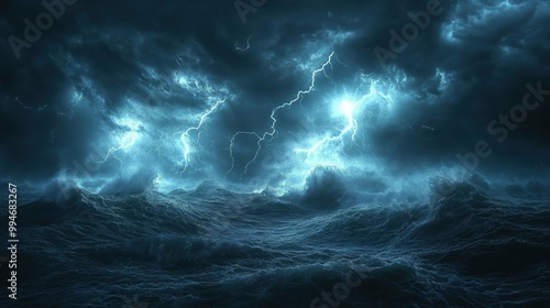 Lightning storm illuminating a turbulent sea with multiple forked bolts