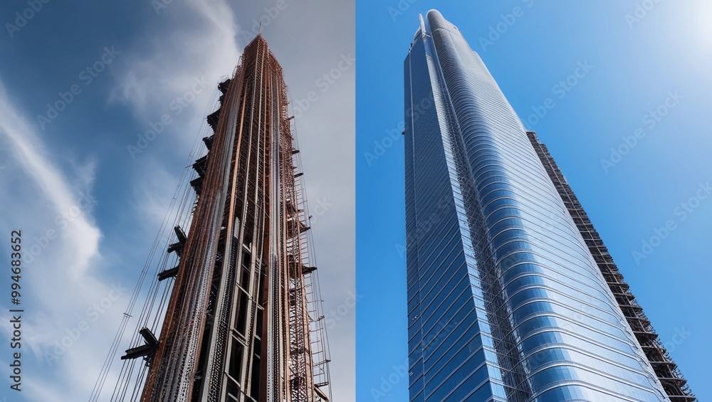 Obraz premium Foundation of Vision, A towering skyscraper in the middle of construction,