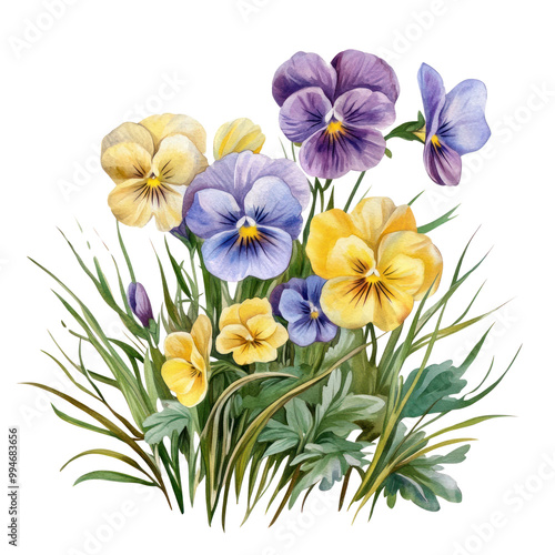 PNG Small bouquet of pansies in grass pansy art illustration.