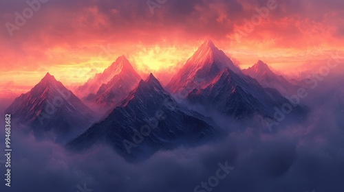 Misty mountain peaks at dawn, jagged silhouettes emerging from swirling fog, tinged with soft pink and orange hues photo