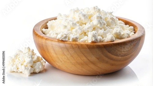 Wooden bowl filled with fresh cottage cheese and garnished with a sprig of mint, suggesting a healthy and delicious meal or snack