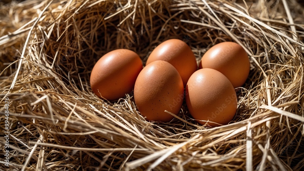 Five brown chicken eggs sitting on a bed of straw Five brown chicken eggs sitting on a bed of straw