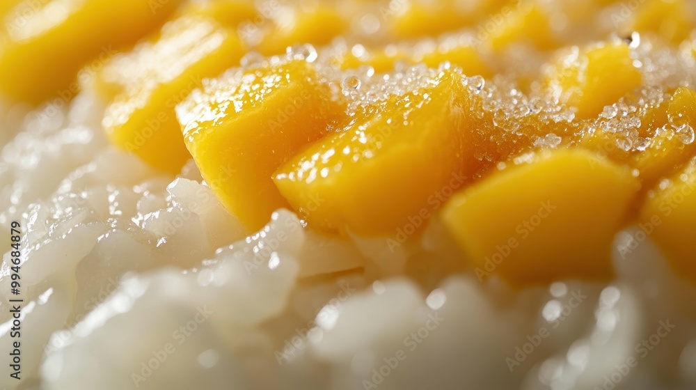 Macro shot highlighting the soft pillowy texture of a freshly steamed Lao khao niaow mamuang (sticky rice with mango) on a clean, white backdrop Macro shot highlighting the soft pillowy texture of a freshly steamed Lao khao niaow mamuang (sticky rice with mango) on a clean, white backdrop