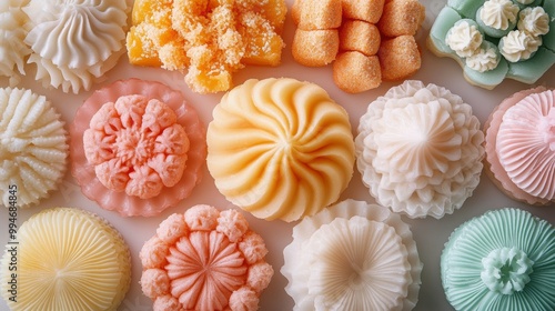 Overhead view of an assortment of delicately crafted Thai khanom thuai (layered rice flour cakes) in pastel hues photo