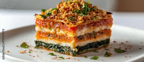 Side profile of a stack of traditional Burmese lahpet thoke (fermented tea leaf salad) layered with crunchy toppings, on a white background with ample room for copy photo