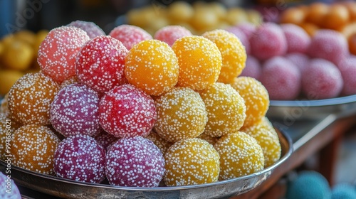 Side profile of a stack of traditional Burmese mont let saung (rice flour semolina balls) in vivid, jewel-toned colors photo