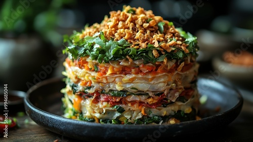 Side profile of a stack of traditional Burmese lahpet thoke (fermented tea leaf salad) layered with crunchy toppings photo