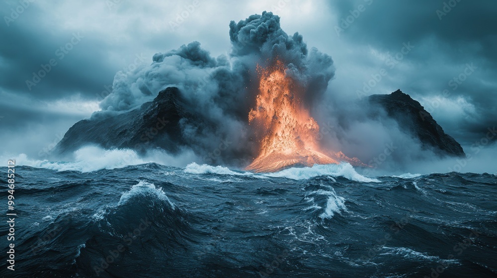 Fototapeta premium Fiery Birth of a New Island: Underwater Volcano Eruption Amidst Churning Waves
