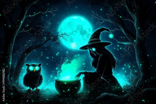 A witch stirring a cauldron in a forest under the glow of a full moon, with the trees around her lit by the soft blue and green light from her potion. Her owl companion watches from a nearby