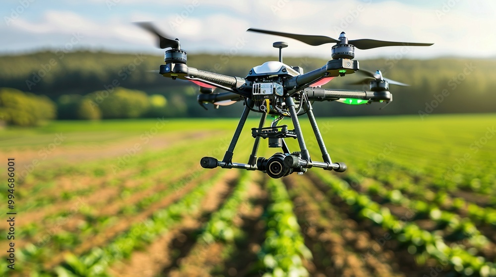 Black Drone with Camera Flying Over a Field of Crops Black Drone with Camera Flying Over a Field of Crops