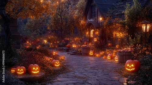 An enchanting pathway illuminated by jack-o-lanterns, leading to a house filled with Halloween decorations and candy buckets