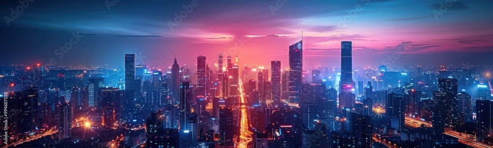 Fototapeta premium Arafed view of a city at night with a bright light