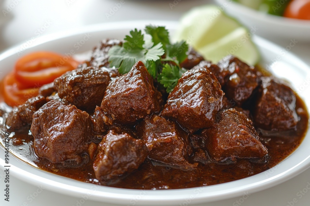 Close-up of Braised Beef Cubes in a Rich Brown Gravy with Parsley Garnish Close-up of Braised Beef Cubes in a Rich Brown Gravy with Parsley Garnish