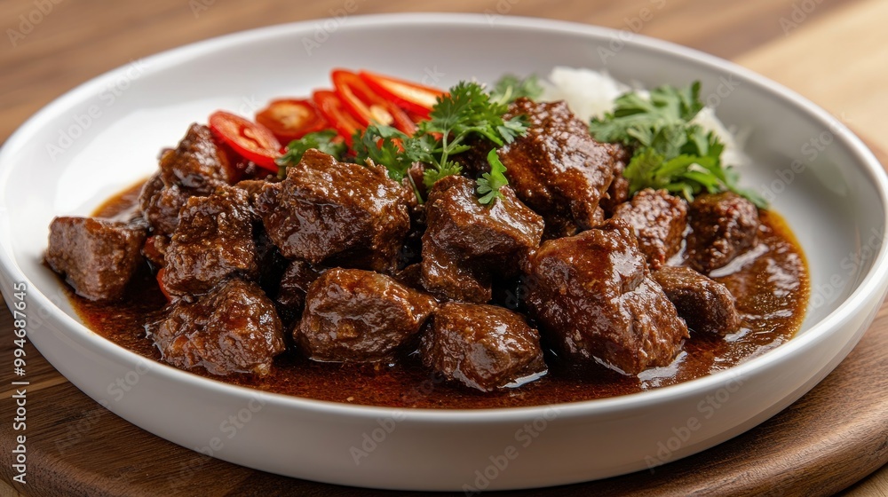 Stewed Beef Cubes with Chili Peppers and Cilantro in a White Bowl Stewed Beef Cubes with Chili Peppers and Cilantro in a White Bowl