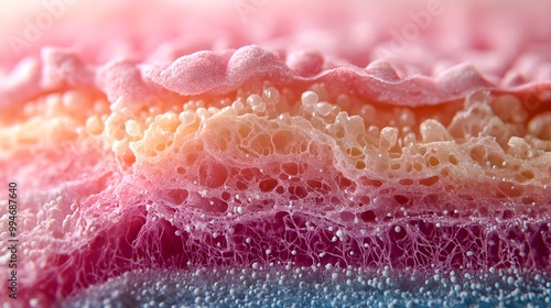 Skin cross-section during acne healing, showcasing blocked sebaceous glands, subsiding swelling, and restructured dermal layers photo