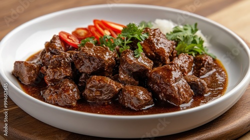 Stewed Beef Cubes with Chili Peppers and Cilantro in a White Bowl