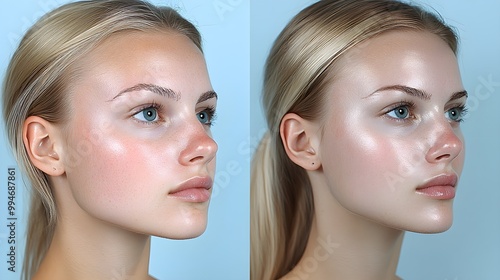 Rhinoplasty before-and-after  wide, flared nostrils and a low nasal tip before, compared to a sculpted, narrow nose after surgery photo