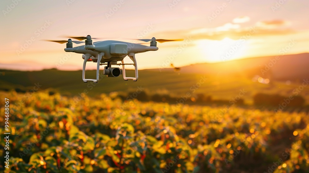 Drone flying over a vineyard at sunset Drone flying over a vineyard at sunset