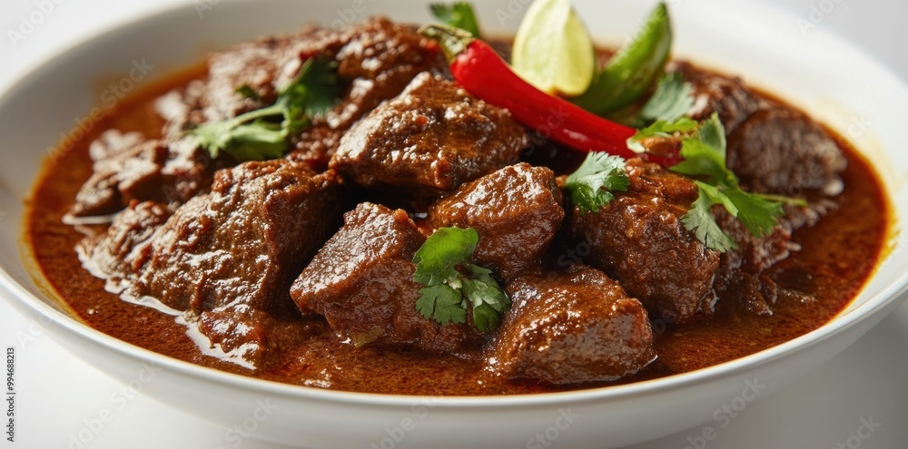 Beef Stew with Parsley and Chili Peppers in a White Bowl Beef Stew with Parsley and Chili Peppers in a White Bowl