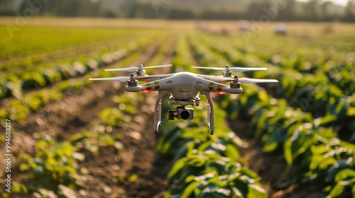 Drone Flying Over a Field of Crops