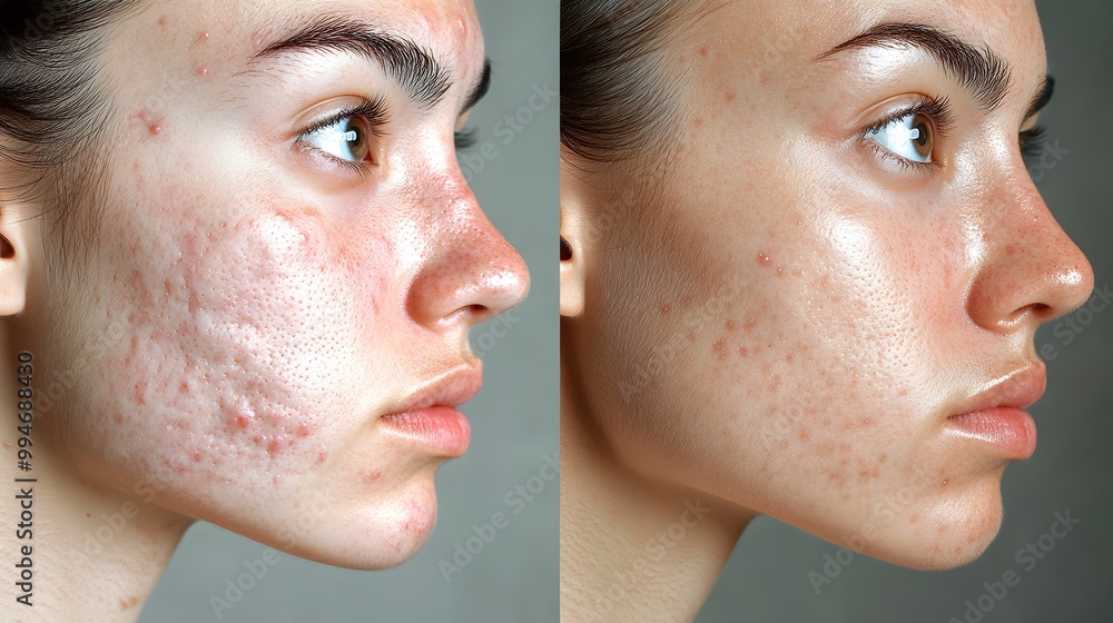 Obraz premium Before-and-after of a person's face with noticeable acne reduction, smoother skin texture, and even tone, Realistic Photography, High Contrast