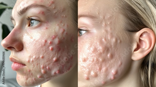 Dual face view  One side with active cystic acne, the other shows healing skin--pustules transforming into smooth, less inflamed spots with closed pores photo