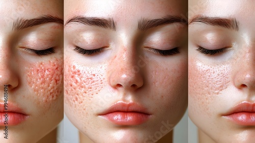 Acne treatment journey infographic  inflamed red skin, topical cream applied, peeling phase, final result with smooth glowing skin, vibrant color codes photo