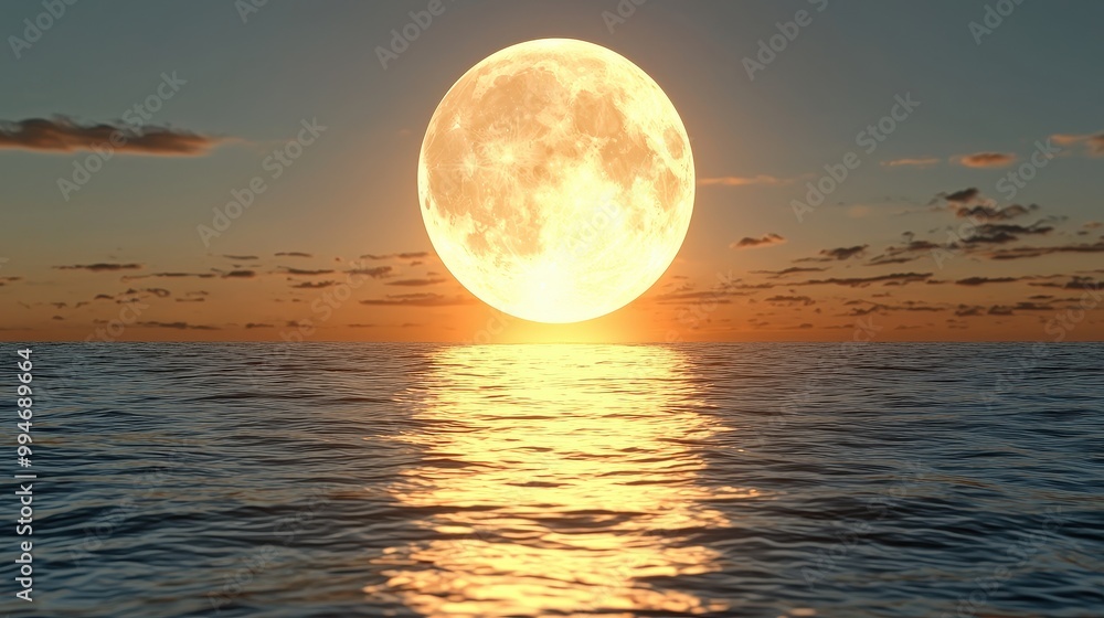 Full Moon Over Calm Ocean   Dramatic Night Sky Scene