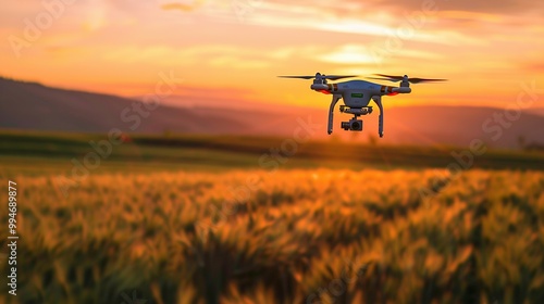 Drone Flying Over a Field at Sunset