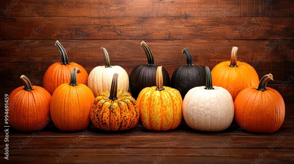Autumn Harvest Colorful Pumpkins on Rustic Wooden Background Autumn Harvest Colorful Pumpkins on Rustic Wooden Background