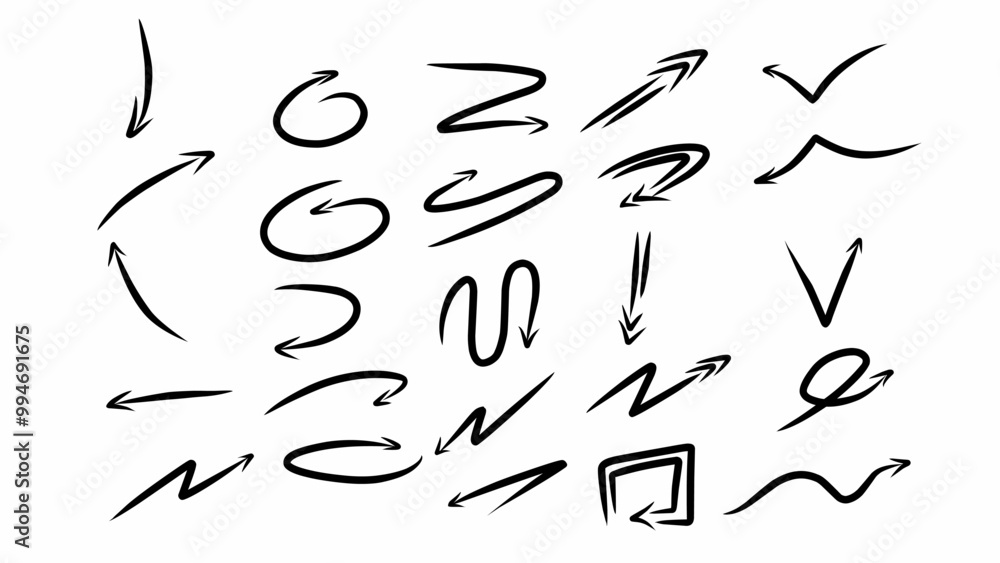 Set of doodle arrows, direction pointers. Brushstroke style illustration Set of doodle arrows, direction pointers. Brushstroke style illustration