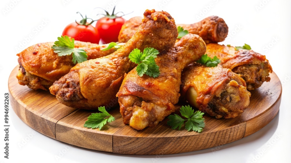 Appetizing roasted chicken drumsticks seasoned with spices and garnished with fresh parsley lying on a wooden plate Appetizing roasted chicken drumsticks seasoned with spices and garnished with fresh parsley lying on a wooden plate