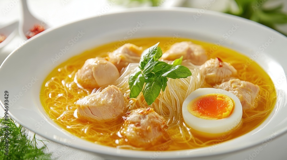 Chicken Noodle Soup with Egg and Basil Garnish Chicken Noodle Soup with Egg and Basil Garnish