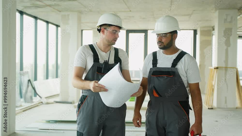Diverse builders are planning a new office or home renovation with blueprint Diverse builders are planning a new office or home renovation with blueprint