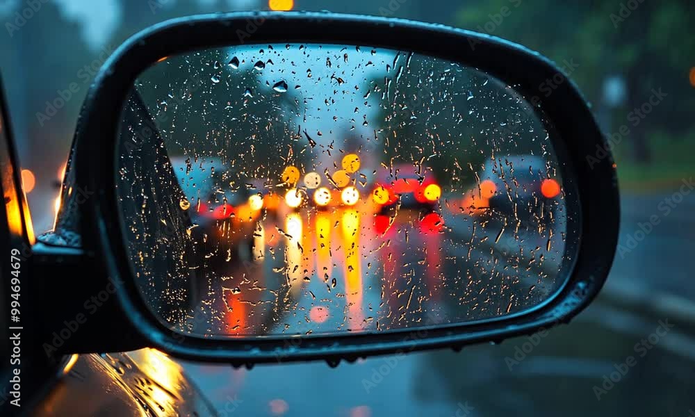 Rainy evening view through a car's side mirror with blurred lights. Rainy evening view through a car's side mirror with blurred lights.