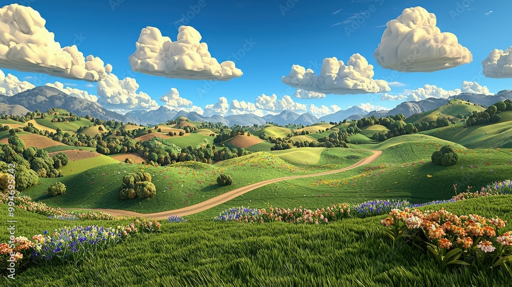 Fototapeta premium Tranquil Countryside Meadow with Rolling Hills and Winding Road