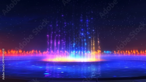 Colorful Light Trails Falling Over Reflective Water Surface in Abstract Night Scene 